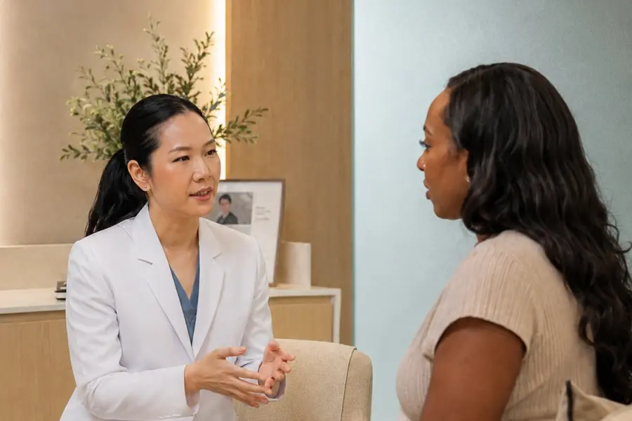 Thai doctor discussing health screening and treatment options with an international patient in a private clinic in Thailand.
