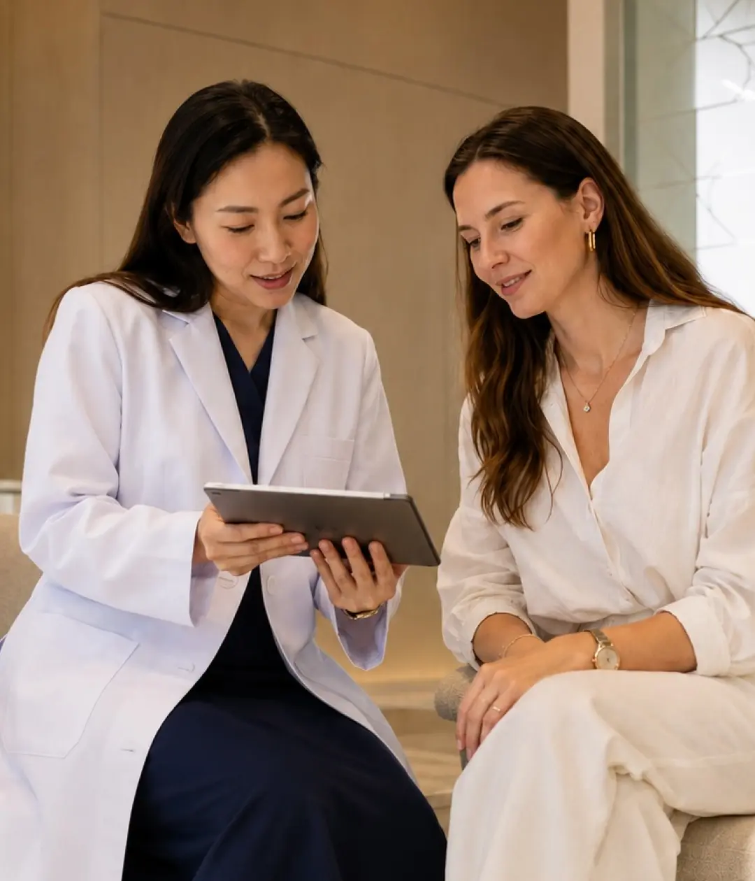 Thai doctor discussing healthcare options with an international patient in a modern private clinic in Thailand.